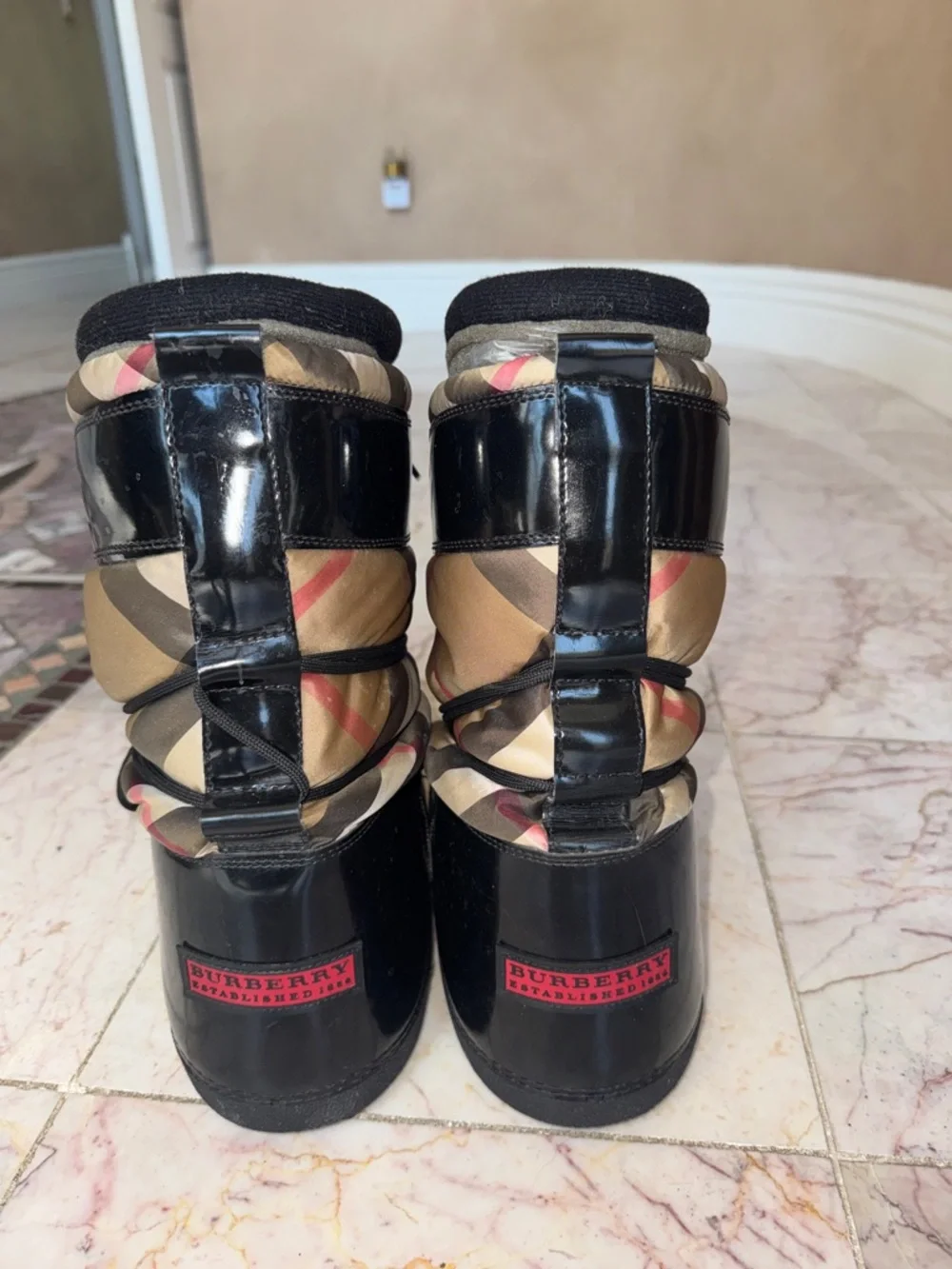 Burberry Beige Plaid and Black Lace-Up Winter Boots - Picture 3 of 5